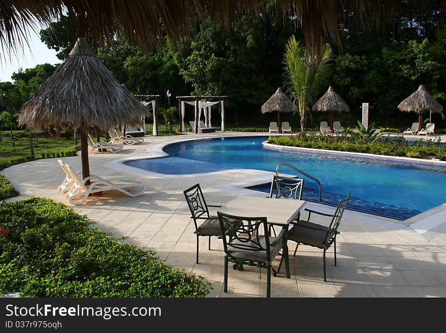 Luxury hotel garden with pool view