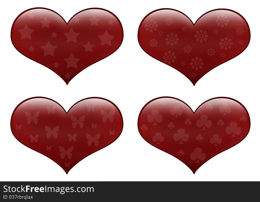 Red hearts isolated on white with pattern.