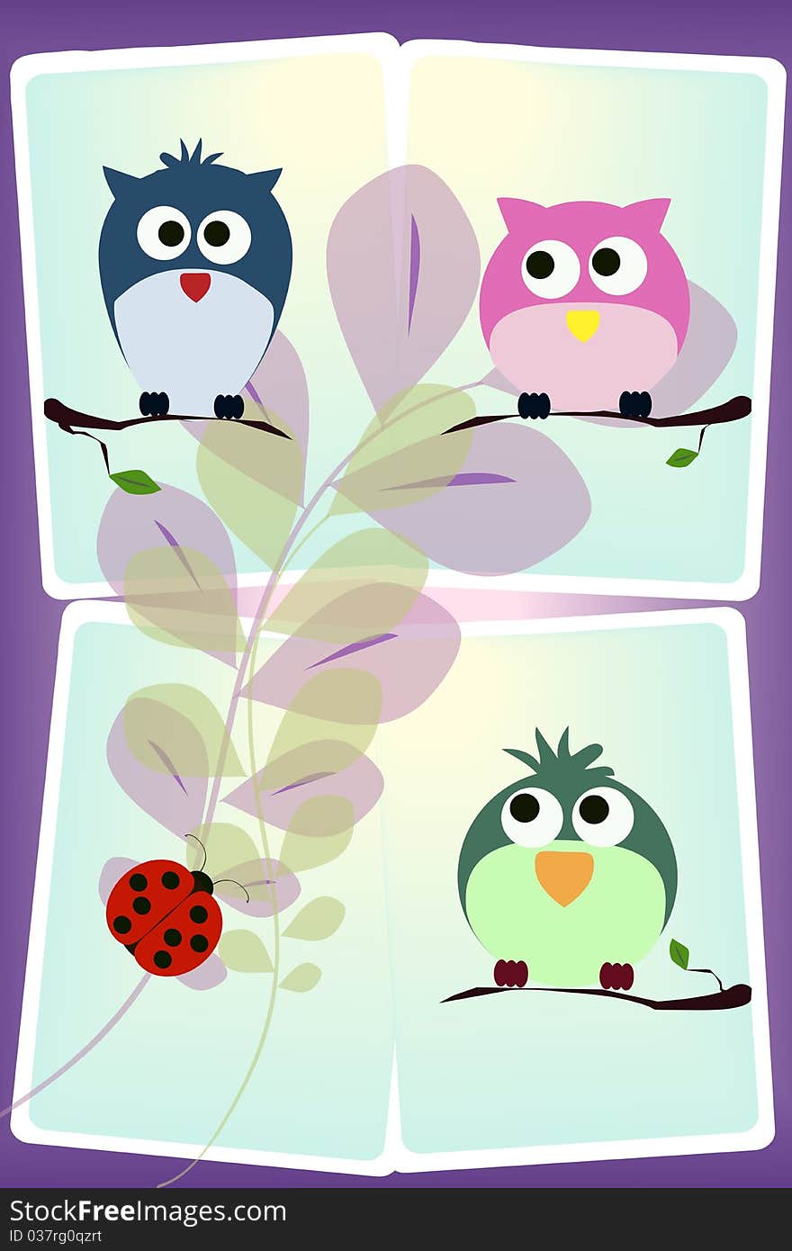 Three birds and a ladybug on four cards. Three birds and a ladybug on four cards