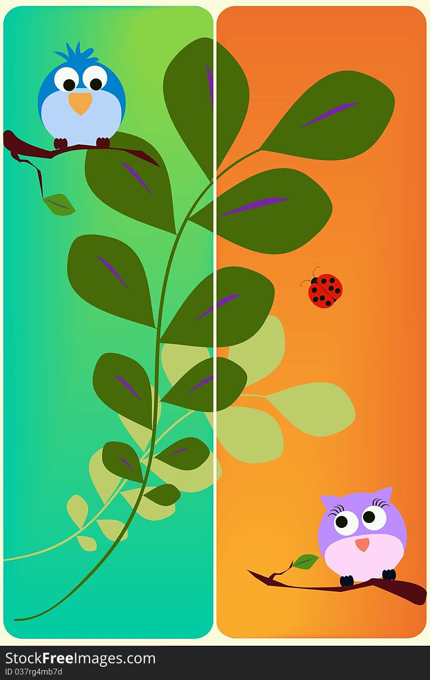 Two birds and a ladybug on two cards. Two birds and a ladybug on two cards