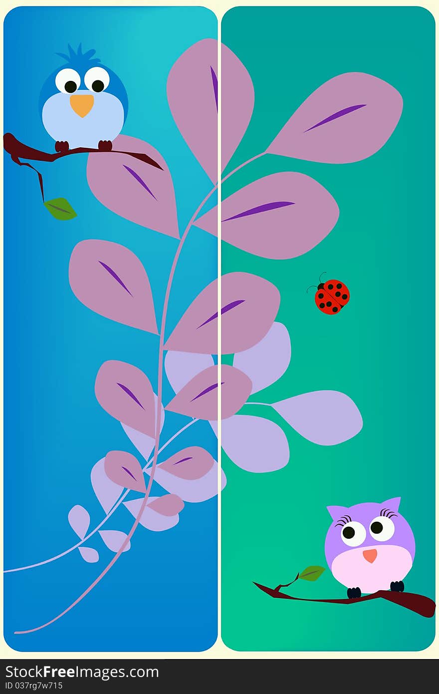 Two birds and a ladybug on two cards. Two birds and a ladybug on two cards