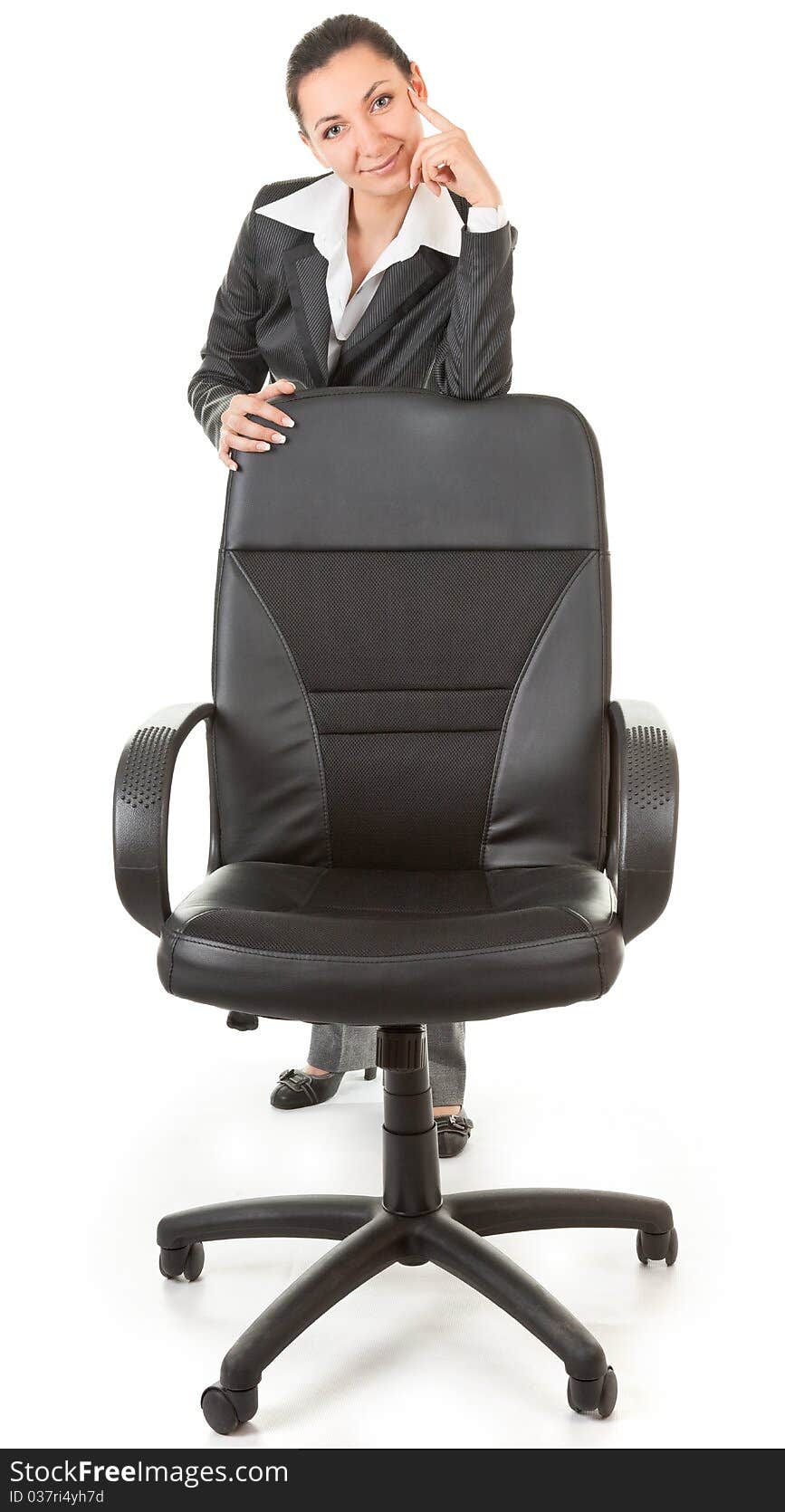 Business woman with a chair on white. Business woman with a chair on white