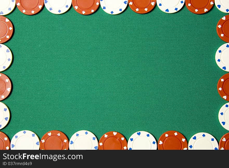 Green poker background with gambling chips all around