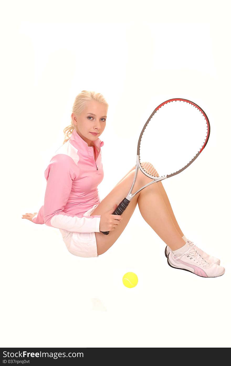 An portrait of a gorgeous teenager with curly blond hair and blue eyes, sitting on the floor in a tennis outfit, for white background. An portrait of a gorgeous teenager with curly blond hair and blue eyes, sitting on the floor in a tennis outfit, for white background.