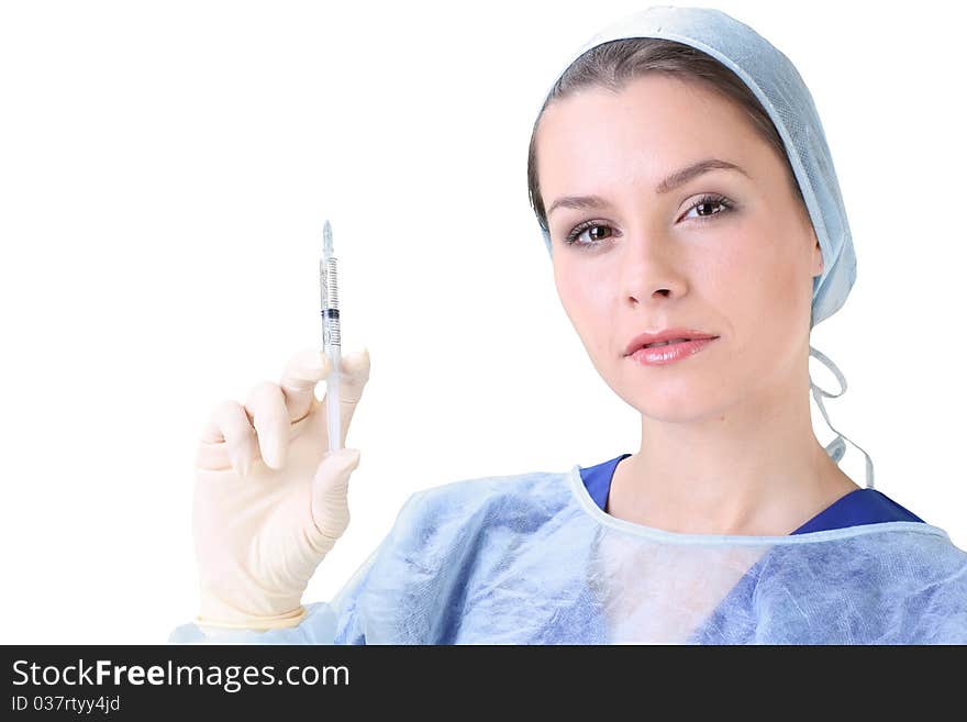 Young working beautiful woman doctor in uniform