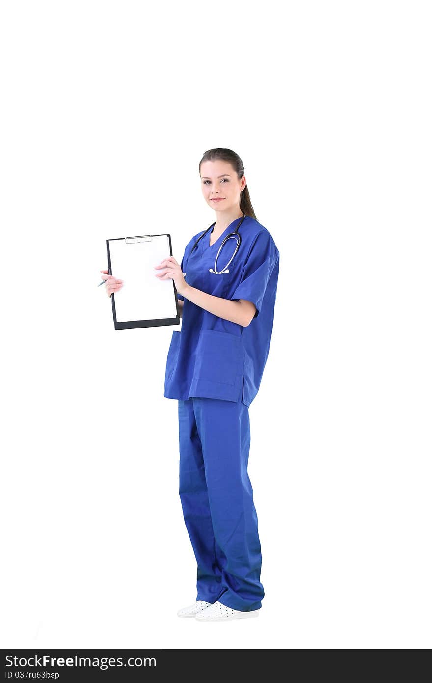 Woman doctor in uniform on white background