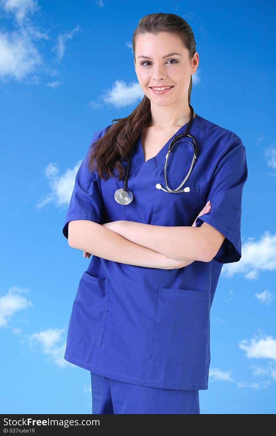 Woman doctor in uniform on white background