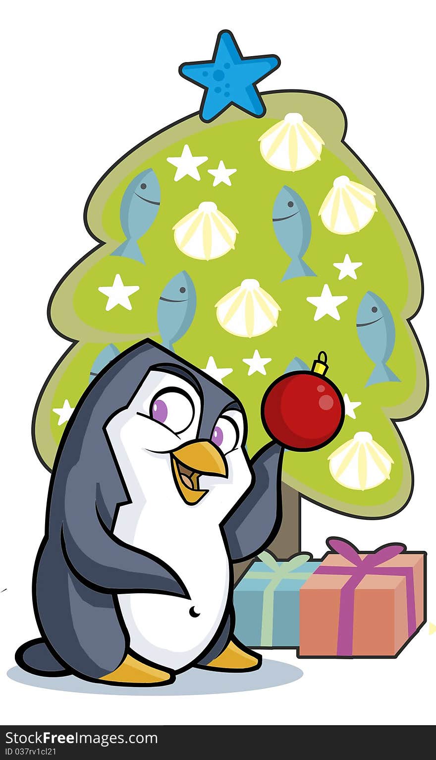 A cute little penguin decorating a tree in a penguin fashion. A cute little penguin decorating a tree in a penguin fashion