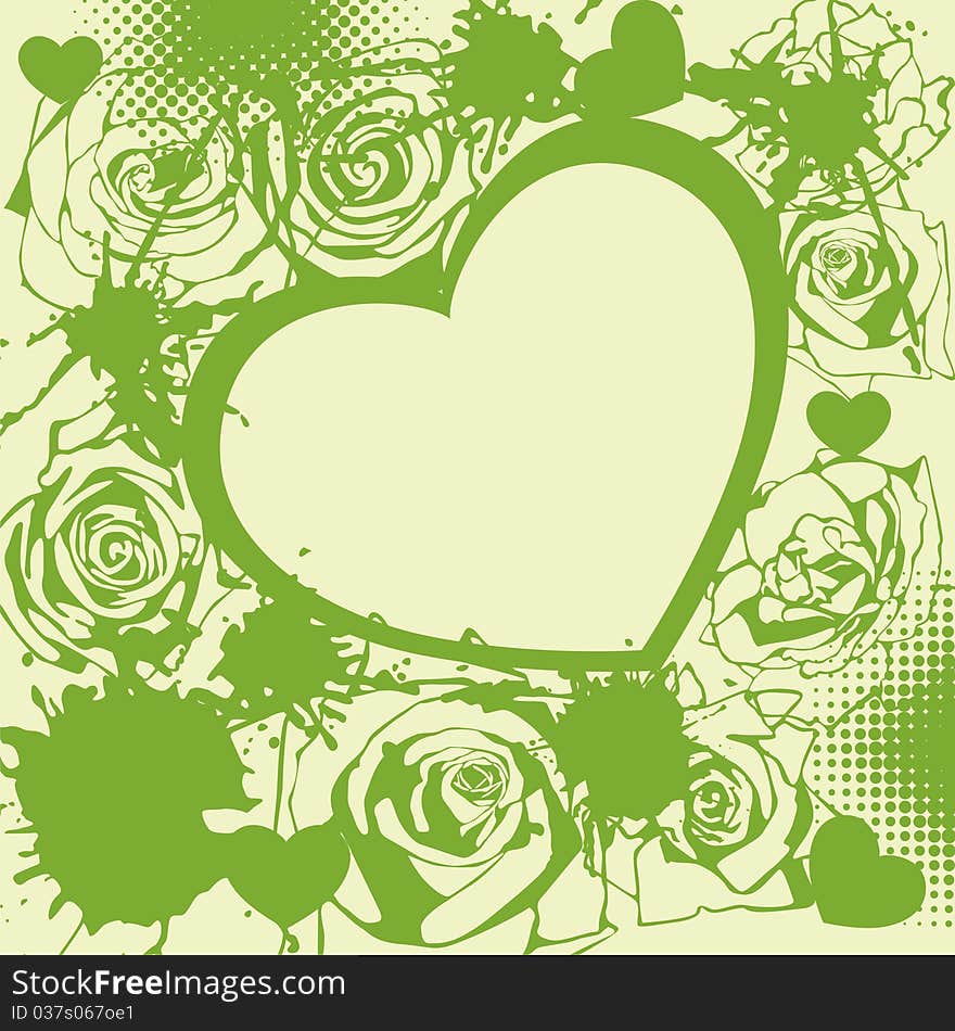 Postcard with flowers and heart on green background. Vector illustration. Postcard with flowers and heart on green background. Vector illustration