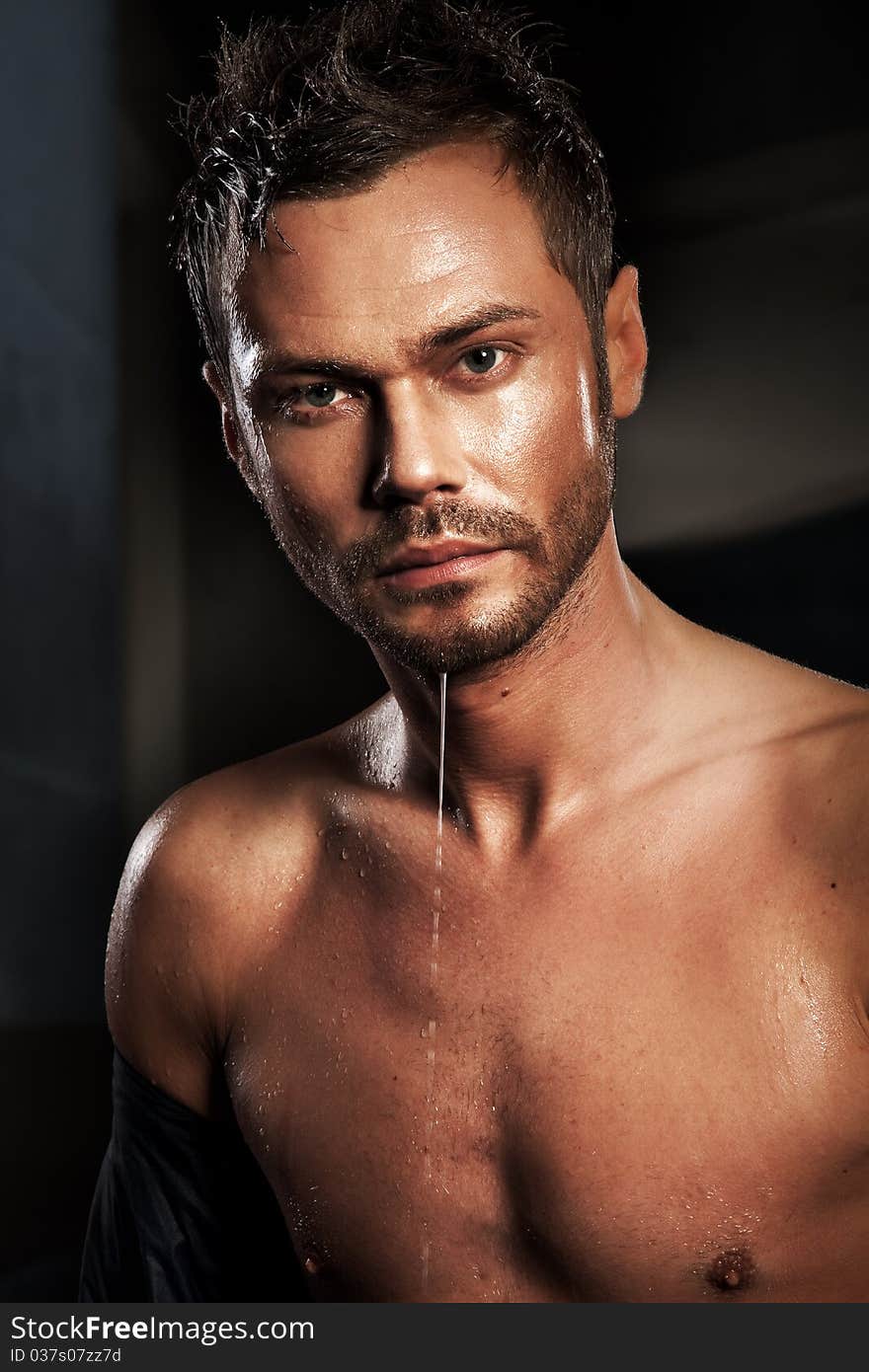 Portrait Muscular Guy Having Bath