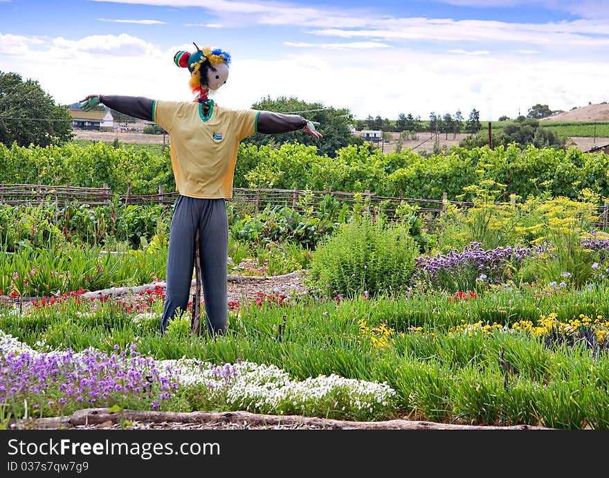 Scarecrow in garden patch of flowers