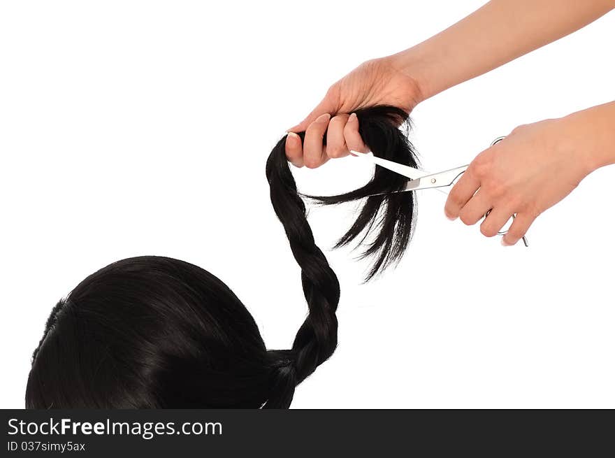 Hairdresser cutting young woman with long black hair. Hairdresser cutting young woman with long black hair