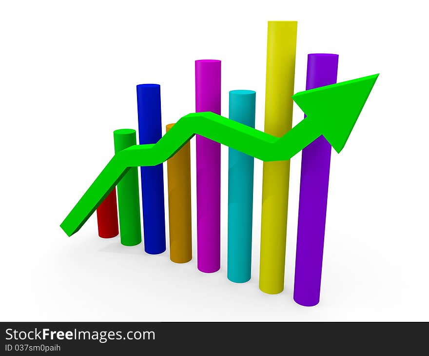 Multicolored busness chart round columns with green arrow in foreground. Multicolored busness chart round columns with green arrow in foreground