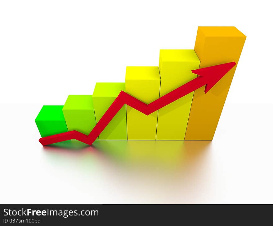 Multicolored Business chart diagram with red arrow in foreground. Multicolored Business chart diagram with red arrow in foreground