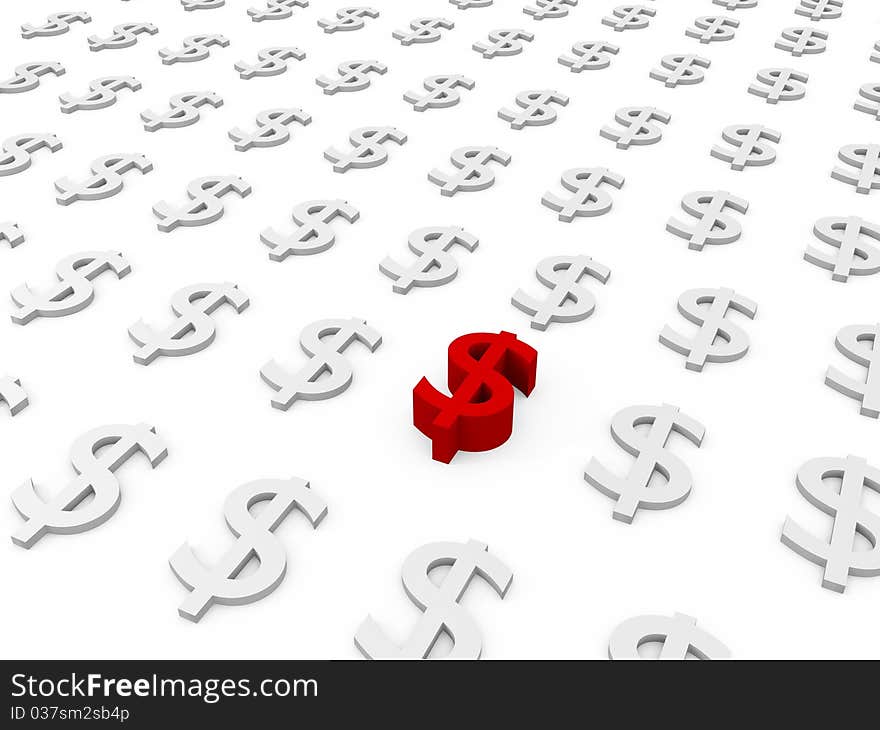 Dollar symbols on white Background one Dollar stands out