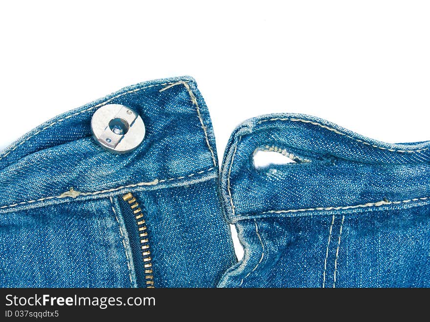 Blue unzipped jeans is isolated on a white background. Blue unzipped jeans is isolated on a white background