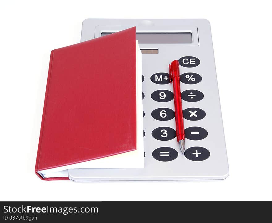 Great calculator and red notebook for reference daily notes with a pen on a white background