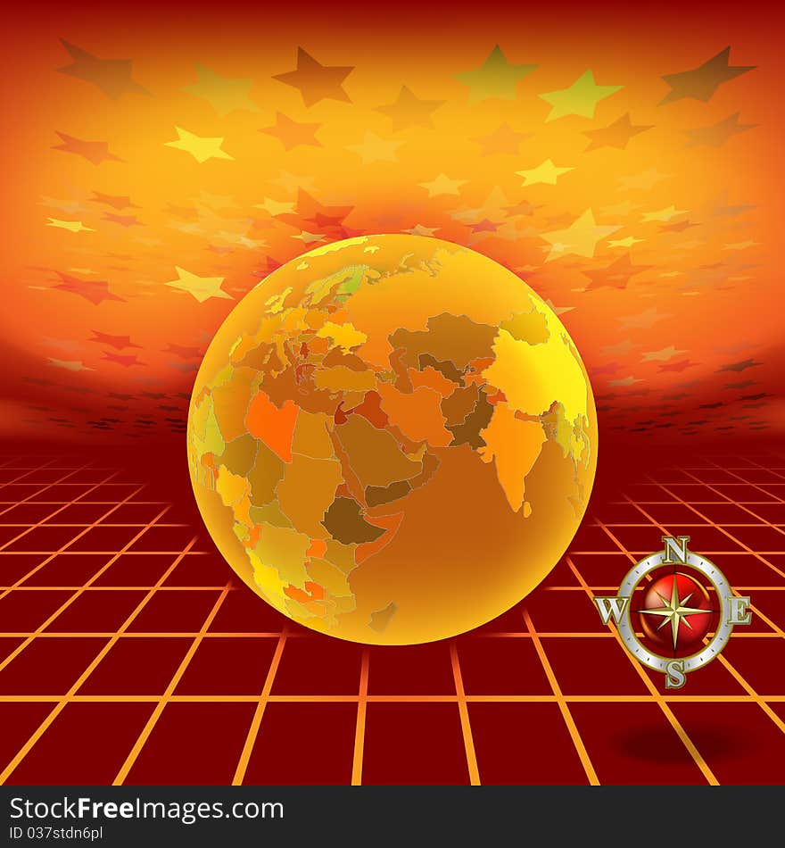 Abstract background with globe and compass on red landscape background. Abstract background with globe and compass on red landscape background