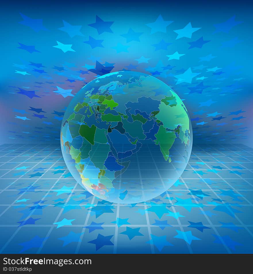 Abstract background with globe on blue landscape background. Abstract background with globe on blue landscape background