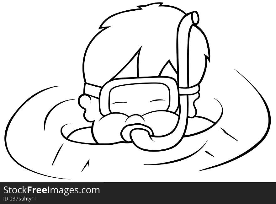 Boy and Diving - Black and White Cartoon illustration, Vector