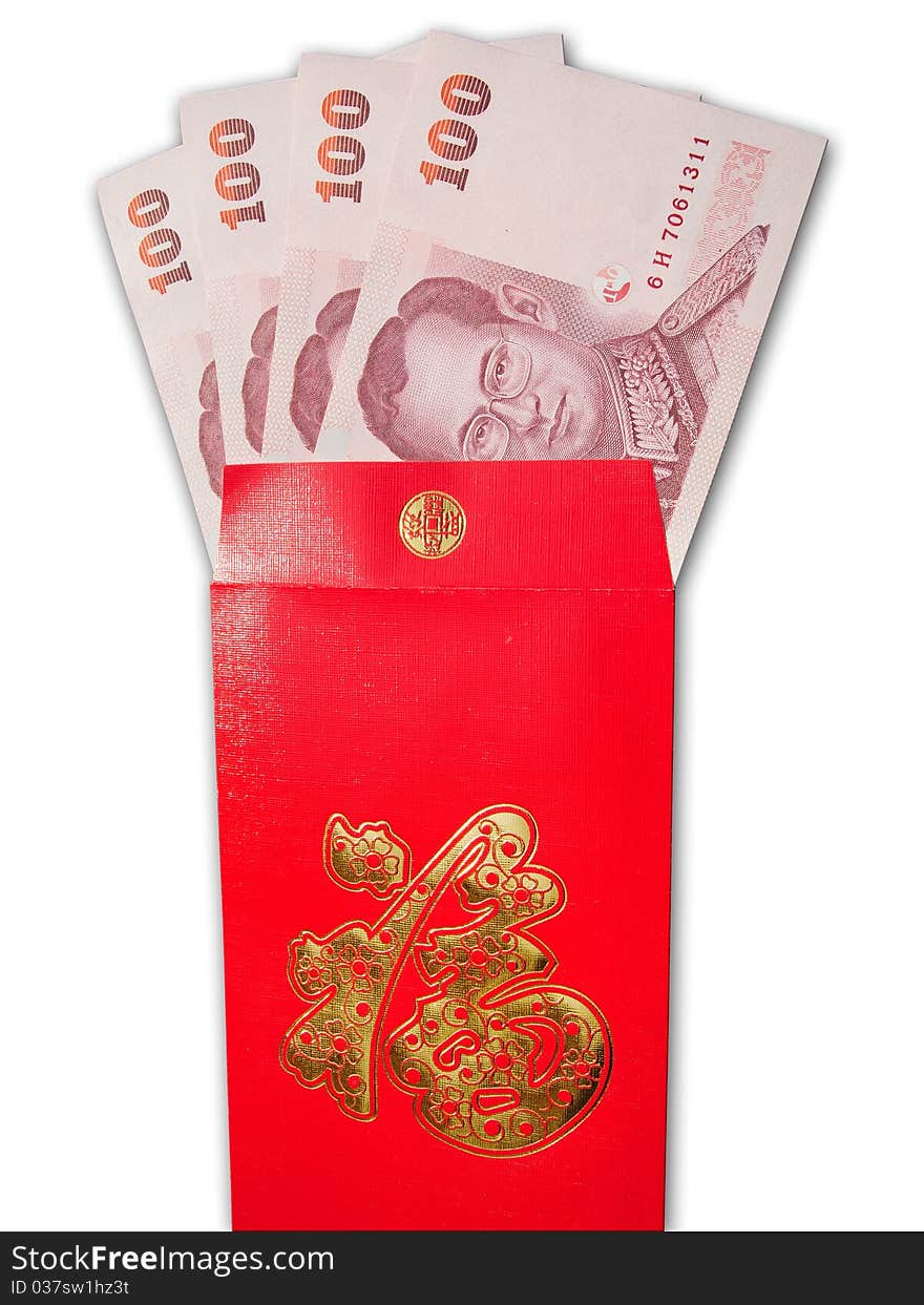 Thai Banknotes in chinese style red envelope isolated on white background