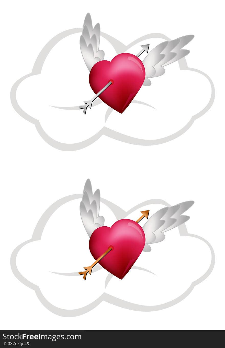 Flying Hearts with Arrows isolated on white background