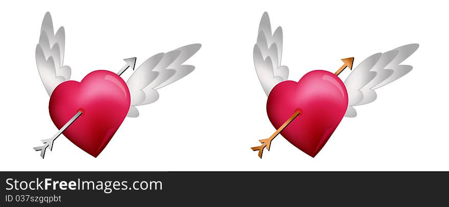 Flying Hearts with Arrows isolated on white background