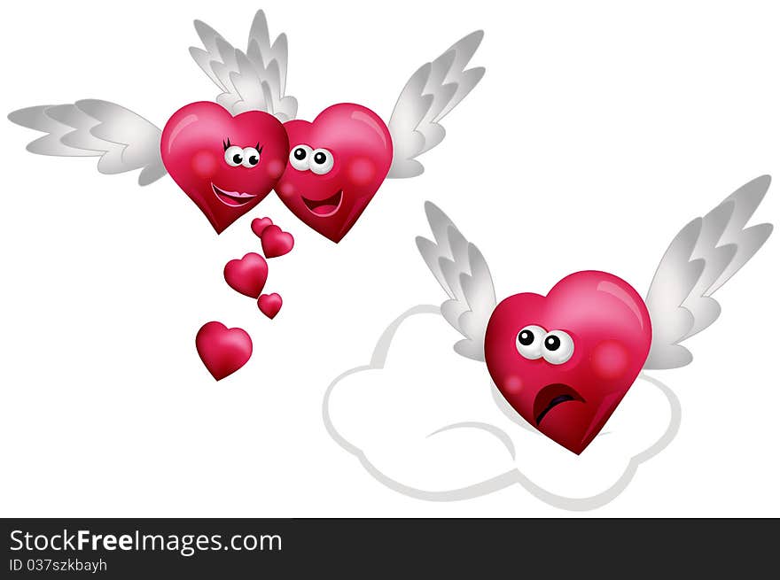 Three Flying Hearts isolated on white background