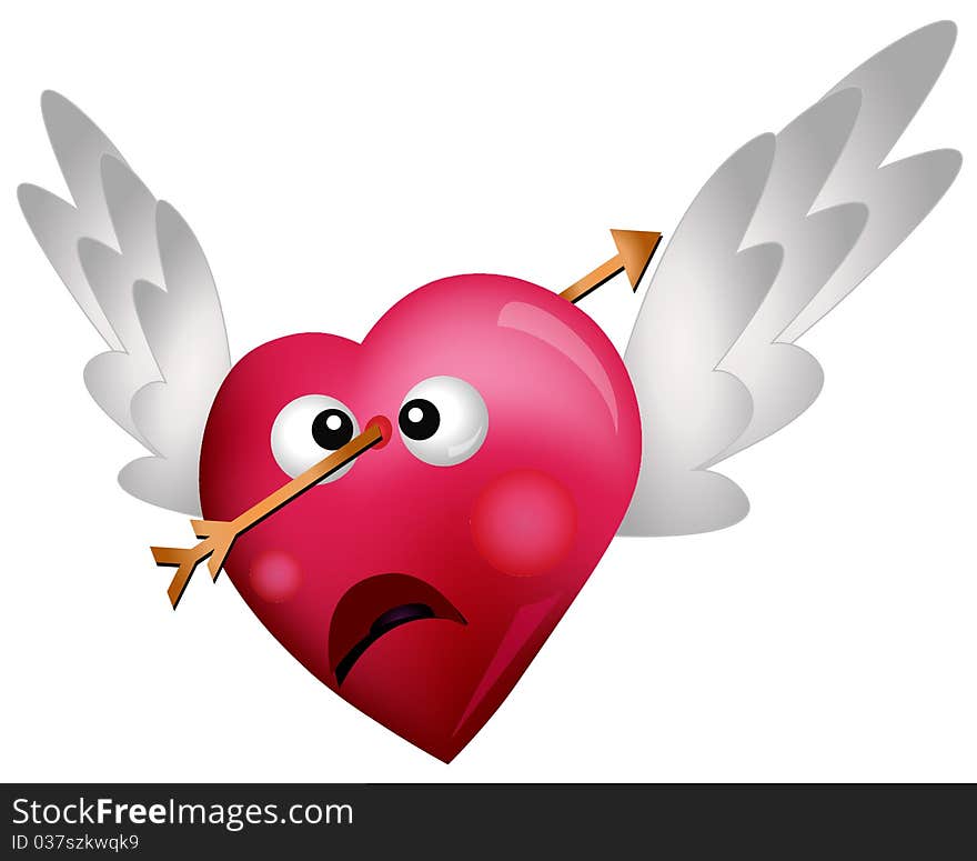 Flying Heart Shot with an Arrow isolated on white background. Flying Heart Shot with an Arrow isolated on white background