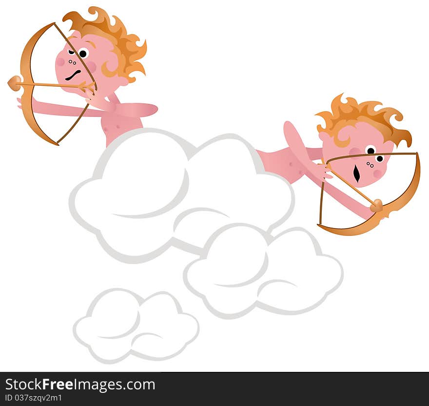 Cupids with Arrows on the clouds isolated on white background