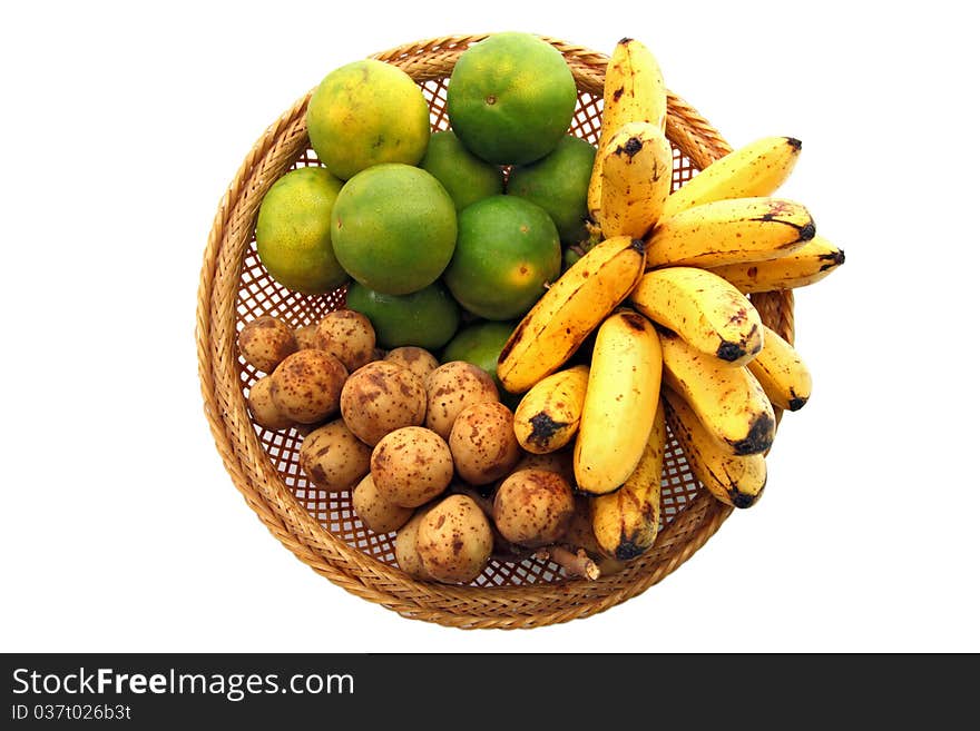 Traditional Tropical Thai Fruit set, Orange Banana and Longan, in Basket