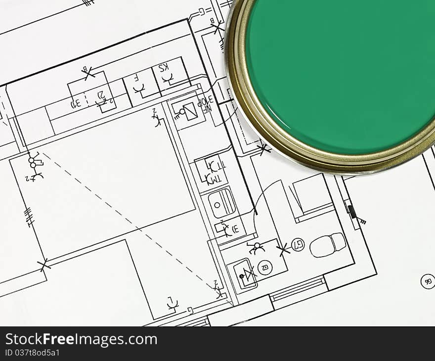 Green Paintcan and Blueprint from High Angle view