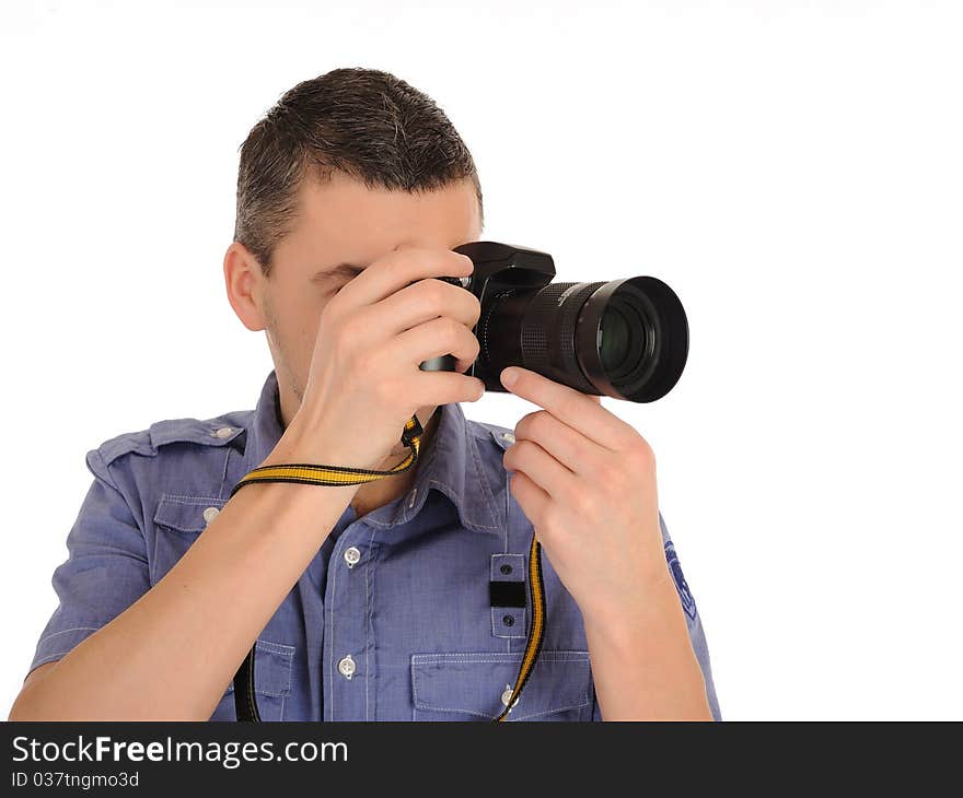 Professional male photographer taking picture . isolated on white background