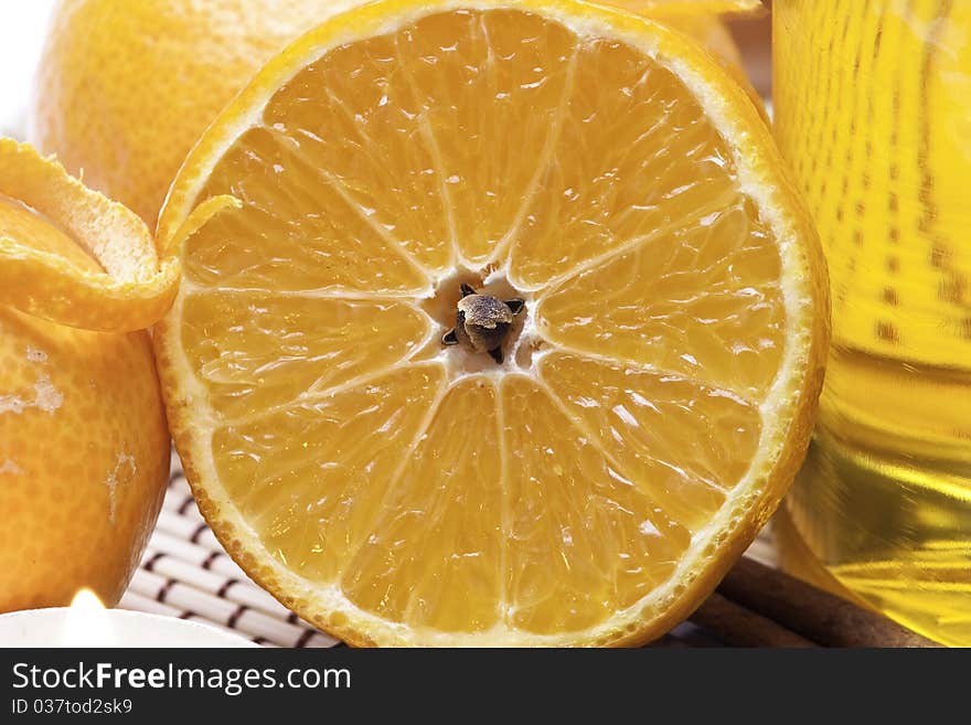 Halved orange with rose-apple,close up. Halved orange with rose-apple,close up.