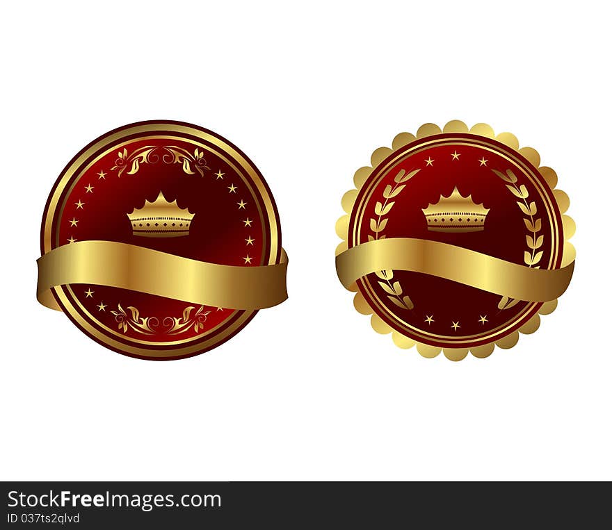 Two red gold-framed labels