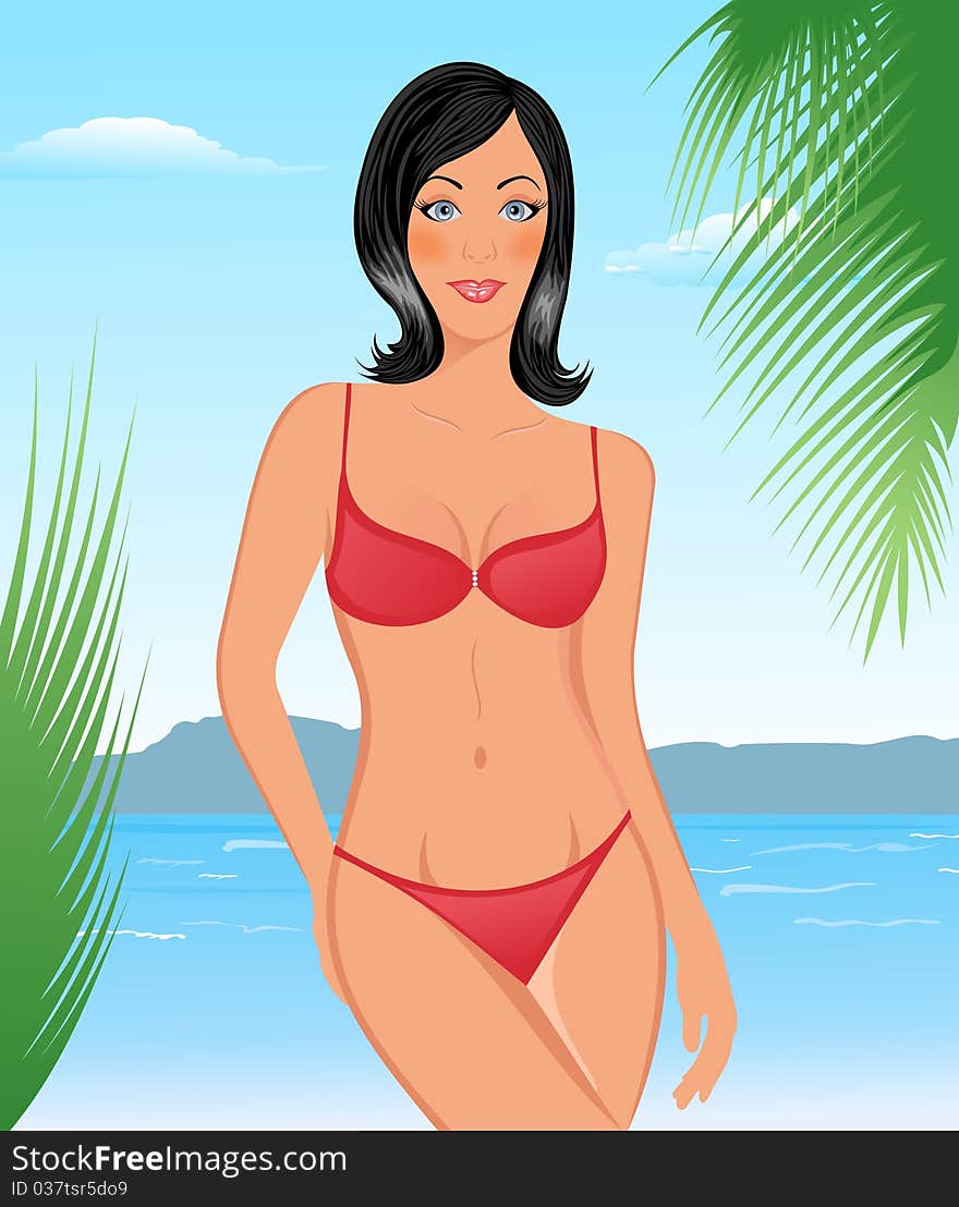 Illustration bikini girl on the beach - vector