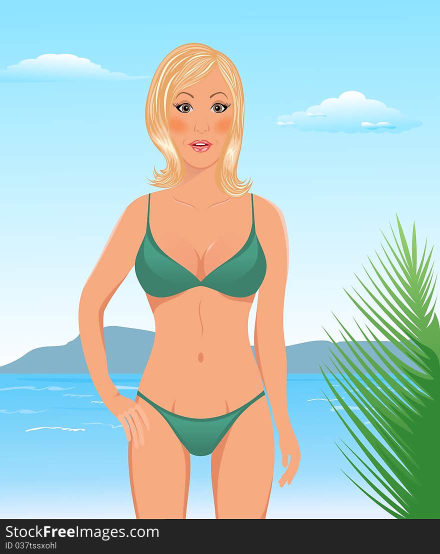 Illustration pretty blond girl on beach - vector. Illustration pretty blond girl on beach - vector