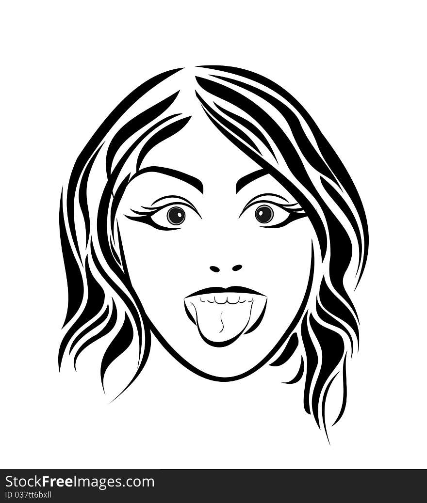 Illustration girl putting out the tongue. Close up - vector