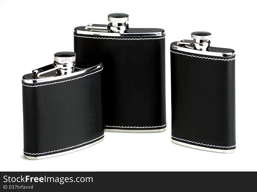 Black leather bottle for pocket alcoholic drink