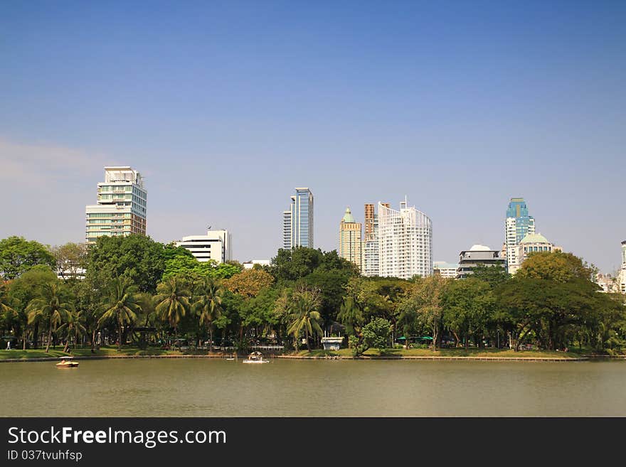 Lake with city background