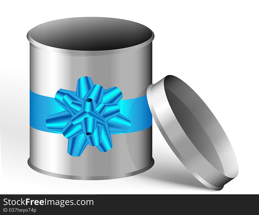 Metal can with blue bow