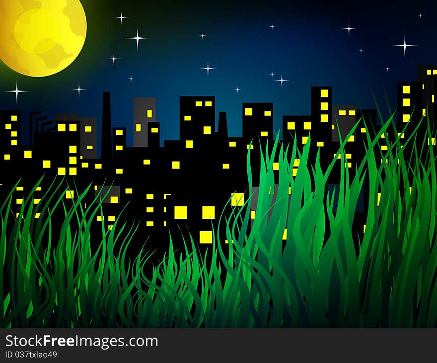 Nigh city with full moon with stars