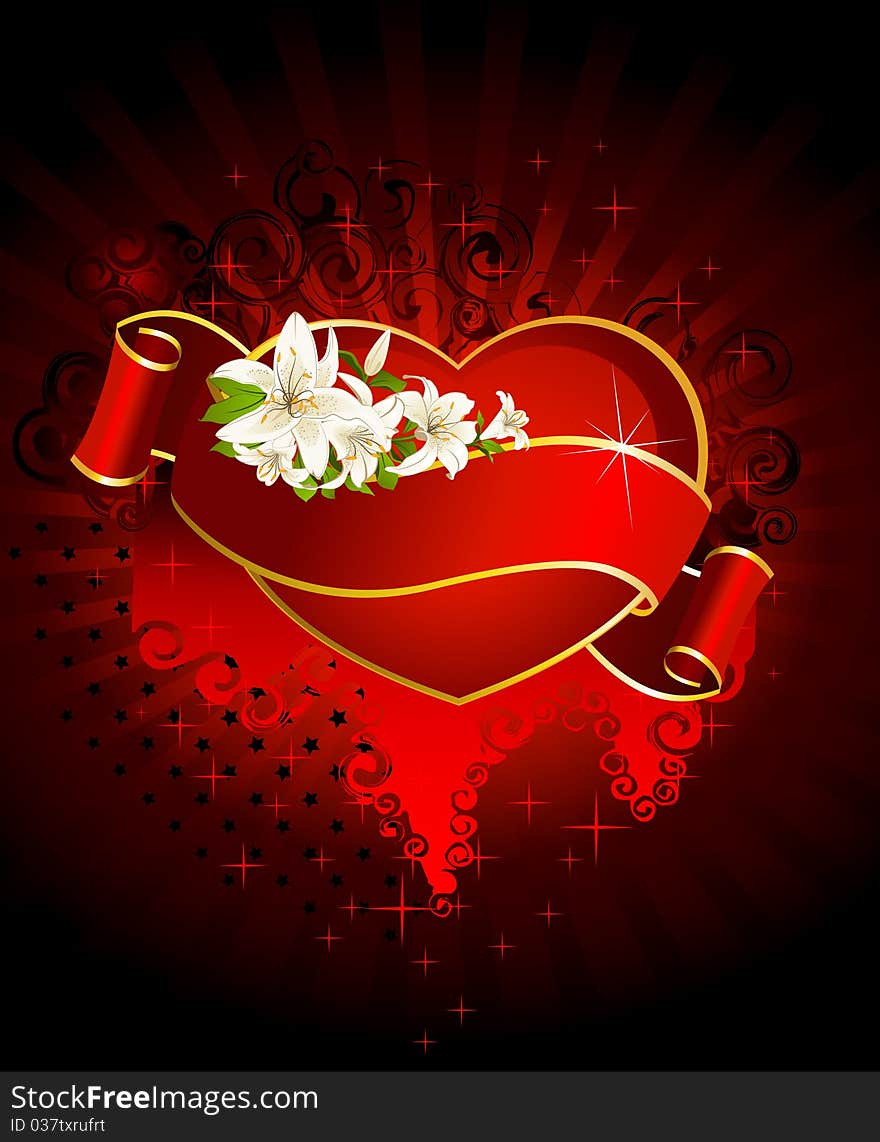 Red heart with ribbon and beautiful flowers. Red heart with ribbon and beautiful flowers