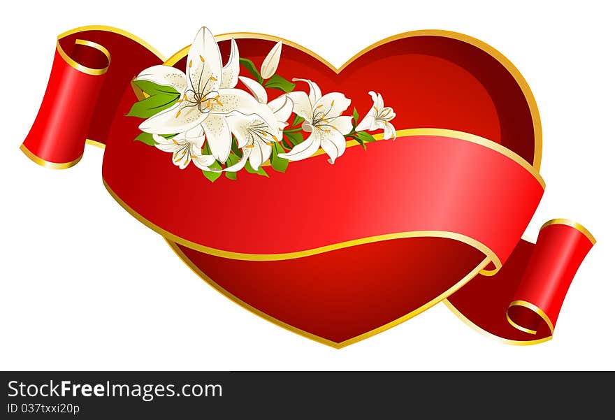 Red heart with ribbon and beautiful flowers