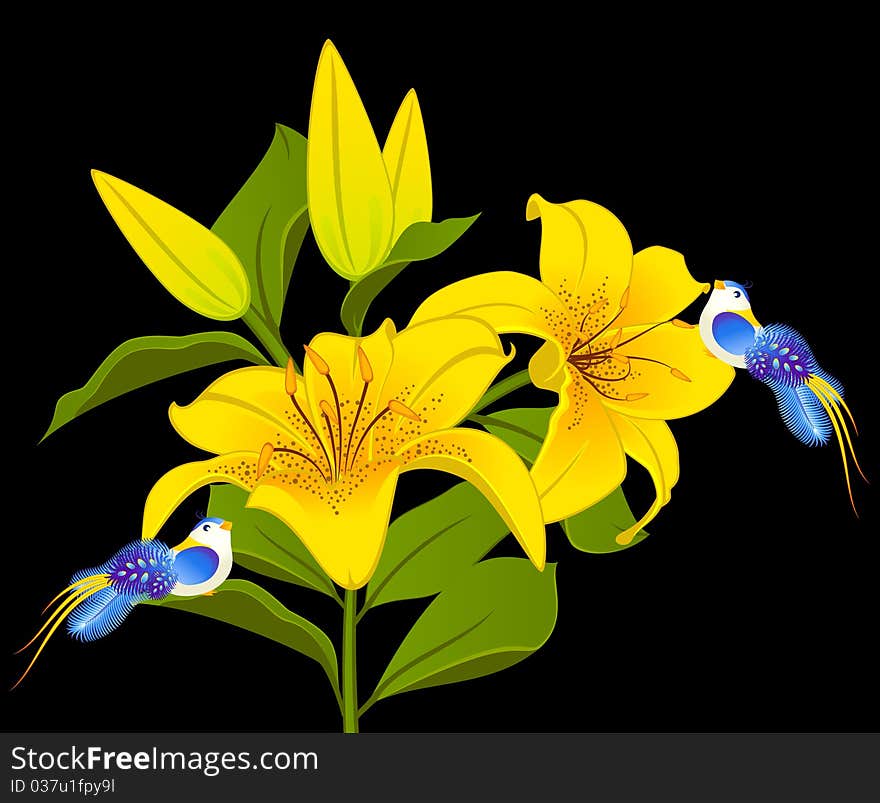 Beautiful little birds on flowers.illustration for a design