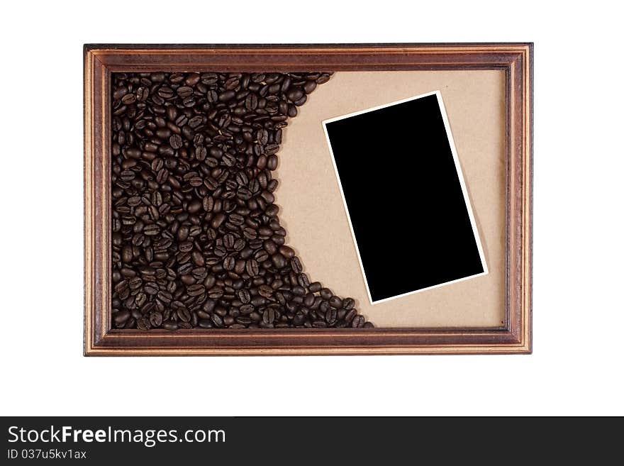 Wooden frame with paper craft as a basis, the coffee beans.