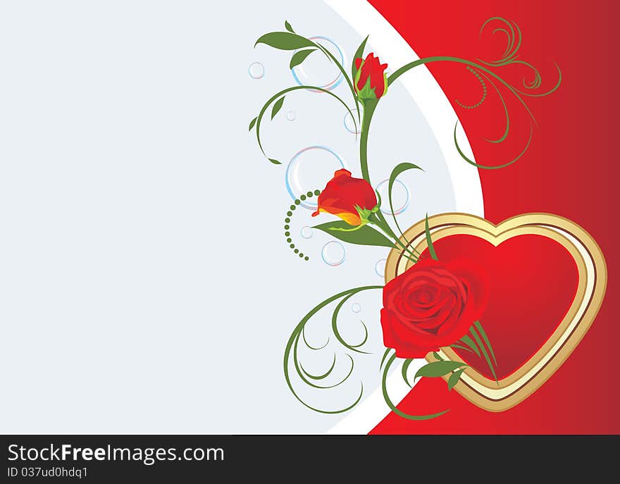 Bouquet of red roses with heart. Valentines card