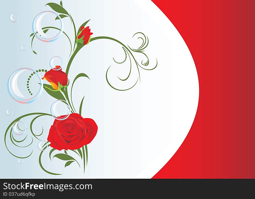 Red roses with bubbles and floral ornament. Background for card. Illustration. Red roses with bubbles and floral ornament. Background for card. Illustration