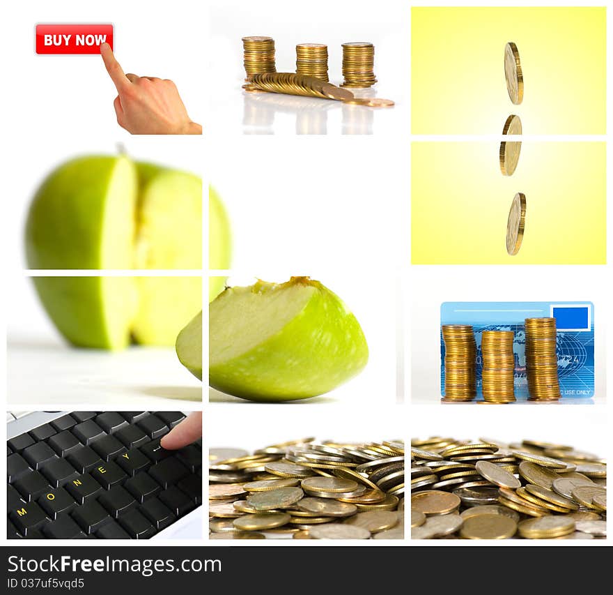 Coins and other objects against white background. Coins and other objects against white background