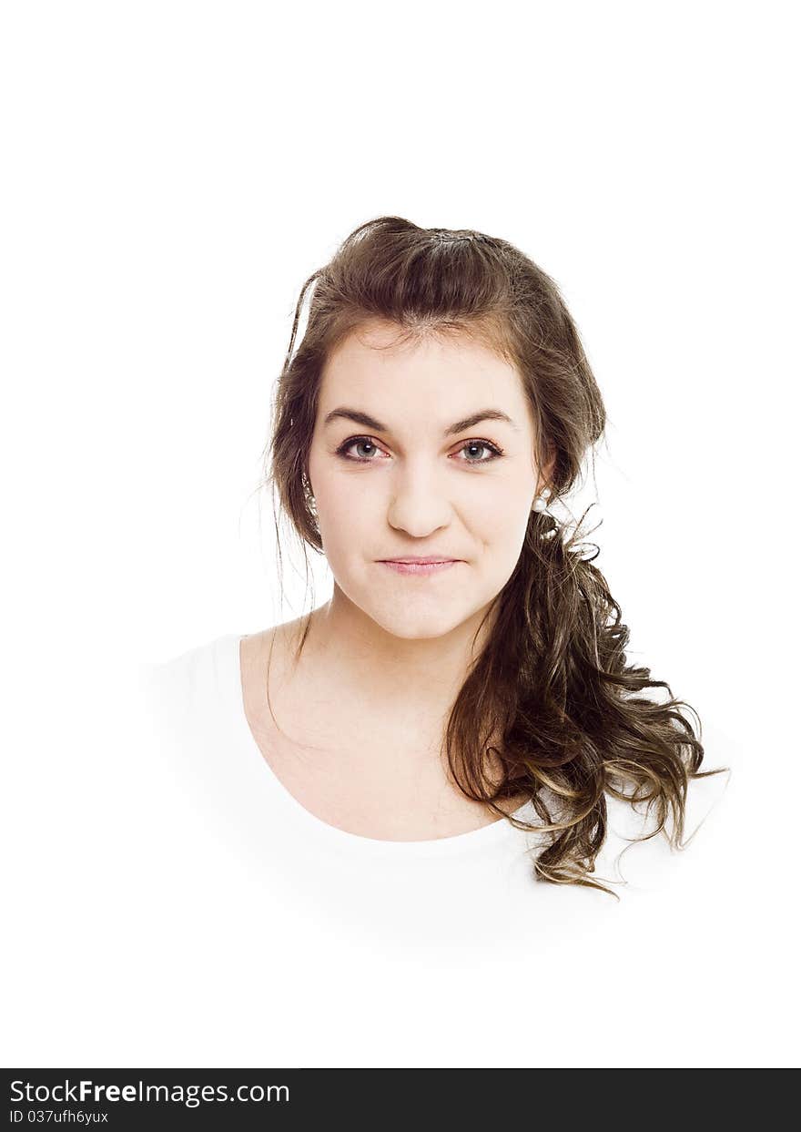 Young woman on white background